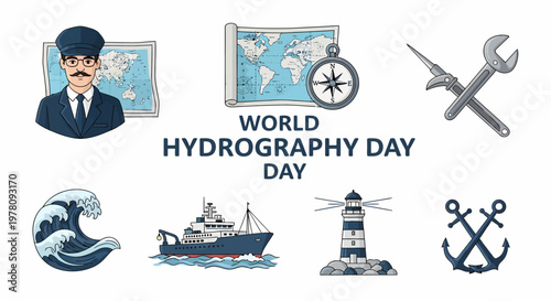 World Hydrography Day graphic featuring a sailor world map ship lighthouse anchors tools and an ocean wave