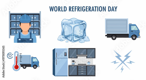 World Refrigeration Day illustration featuring cooling icons like ice a fridge transport truck and technician