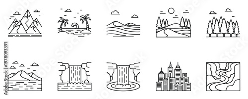 Monoline vector icons of varied landscapes mountains, beach, desert, forest, waterfalls, city, river, suitable for travel, environment, and outdoor themed graphic assets