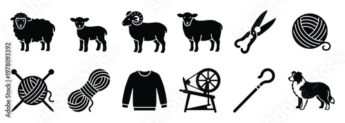 Set of sheep farming and wool craft silhouette icons featuring farm animals, shearing tools, spinning wheel, knitting supplies, yarn, and sweater for agricultural and textile designs.