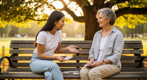 Friendly senior woman and young adult woman sitting on a park bench at sunset and reviewing colorful memory cards together. Ongoing education. Generative AI.