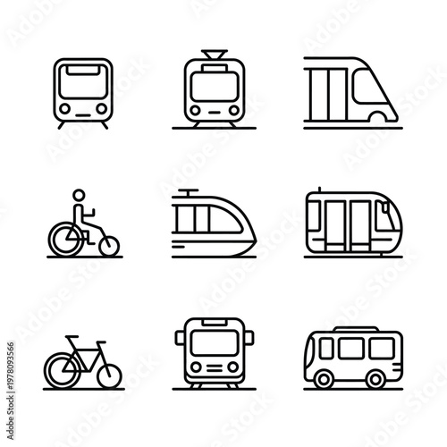 A set of transportation icons including trains, buses, and bicycles
