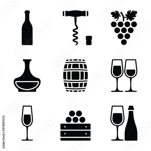 A collection of wine and grape icons in black silhouette