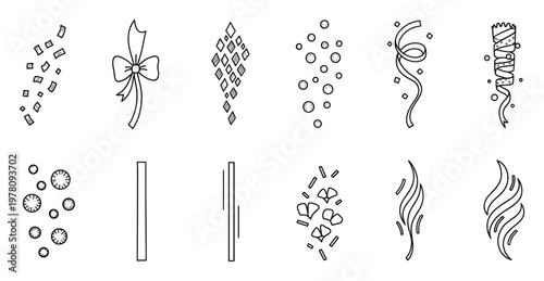 Black and white line drawings depicting festive party confetti, elegant bows, decorative streamers, and effervescent bubbles, ideal for event invitations or celebratory graphic designs.