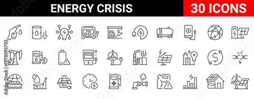 Energy Crisis web icons in line style. Fuel, gas station, refinery, petroleum, oil well, gas pump, energy, barrel, industry, collection. Vector illustration. Editable stroke
