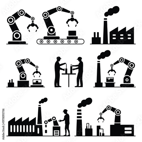 A collection of industrial robots working in a factory setting
