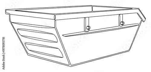 Simple outline vector graphic of a robust industrial waste skip container, useful for construction, renovation, disposal service marketing, and environmental management presentations.