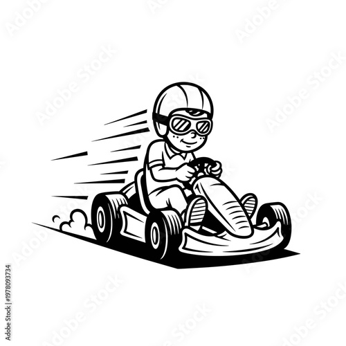 Energetic cartoon illustration of a young go kart racer speeding on a track.