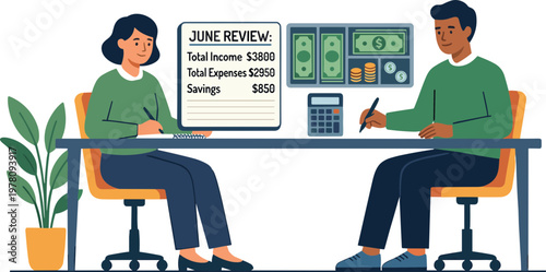 Two people sitting at a desk reviewing financial data on a whiteboard with a plant nearby