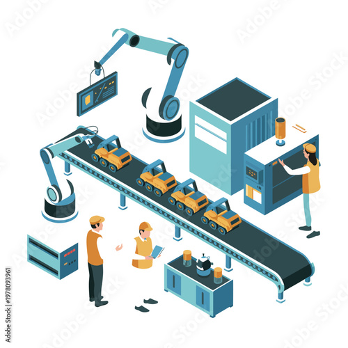 An illustration of a modern factory assembly line with robots and workers