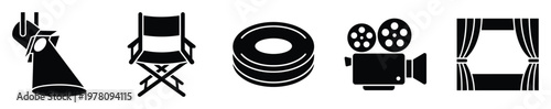 Curated collection of essential film and theater production symbols including a spotlight, director chair, film reels, vintage camera, and stage curtains, suitable for media related