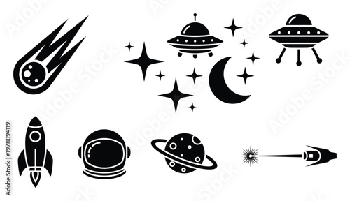 Set of space and science fiction silhouette icons with meteor, UFOs, stars, moon, rocket, astronaut helmet, planet, and laser weapon, perfect for cosmic themed graphic design.