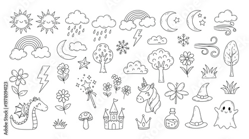 Collection of hand drawn doodle black and white icons featuring nature elements weather magic creatures and objects for childrens books games or educational materials