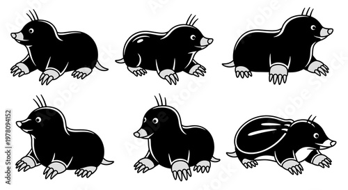 Set of Six Adorable Cartoon Moles Illustrations.