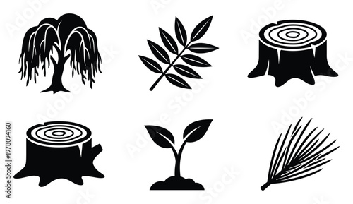 Collection of tree and plant icons featuring weeping willow, leafy branch, tree stumps, young seedling, and conifer needles perfect for ecological and nature themed applications