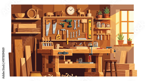 Woodworking workbench with tools and equipment.