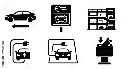 Modern automotive services concept featuring car sharing, parking garage navigation, electric vehicle charging stations, and ticket payment for urban mobility solutions
