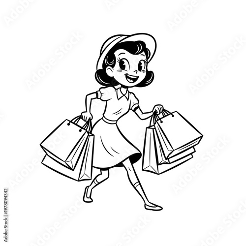 Retro Woman Enjoying Shopping Spree with Bags.