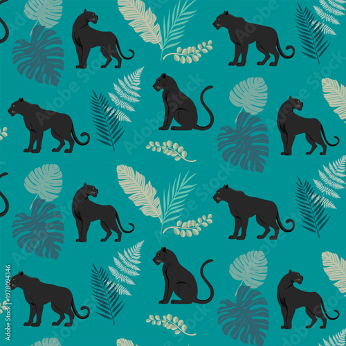 Black panthers among palm leaves.Vector seamless pattern with black panthers in tropical jungle on color background.