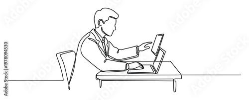 Continuous line drawing of a businessman sitting at a desk, typing on a laptop and interacting with a second screen, perfect for illustrating modern workplace productivity and technology use