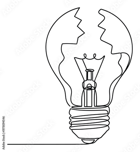 Continuous line drawing of a broken lightbulb symbolizing a new idea, innovation, or a breakthrough moment for educational and creative projects.