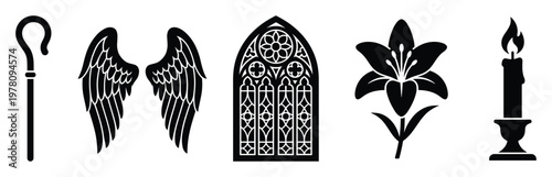Various sacred and devotional symbols representing faith and hope for spiritual design elements and religious commemorative content