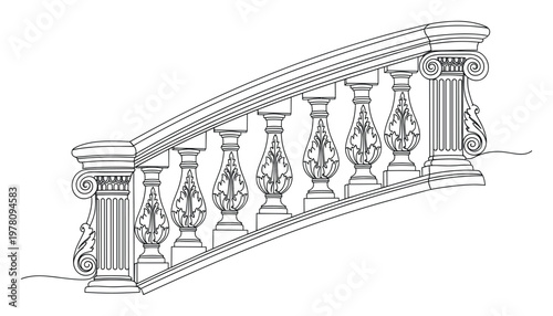 Elegant classical balustrade and staircase railing line drawing for architectural projects, decorative design elements, and historical building blueprints.