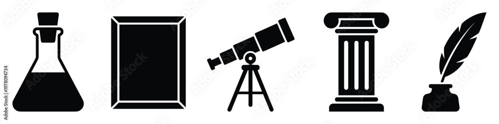 Fototapeta premium Collection of scientific flask, art frame, astronomical telescope, classical column, and quill with inkwell symbols for education, history, and knowledge concepts