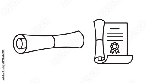 Rolled scroll and upright certificate icons with seals, vector illustration, both represent official documents, awards, or diplomas