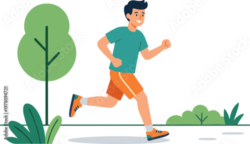 Man running quickly through a park with trees and plants nearby outside