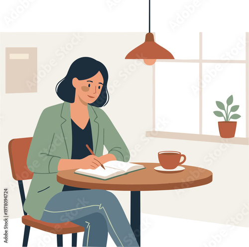 Woman sits at table writing in notebook with coffee nearby indoors