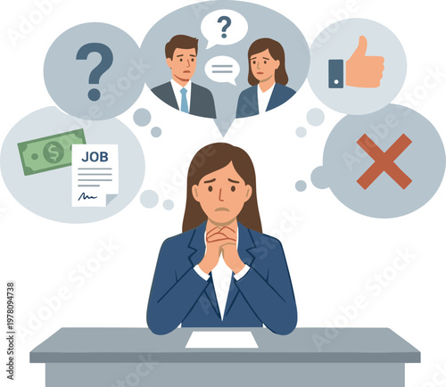A woman considers various job offers and money at her desk with thoughts.