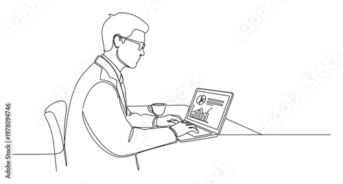 Professional man diligently working on a laptop displaying business data and analytical charts at a desk, suitable for corporate, finance, and technology presentations