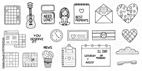 A collection of hand drawn doodle stickers in black and white