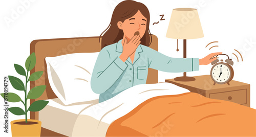 Woman wakes up in bed, stretches, and turns off alarm clock on nightstand.