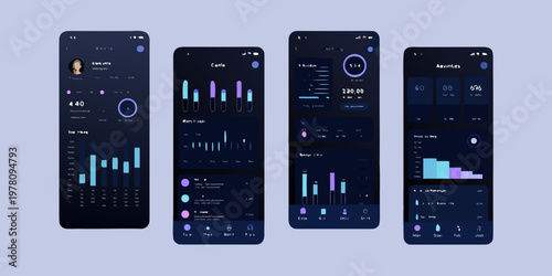 Mockups of a dark themed mobile application displaying data visualizations