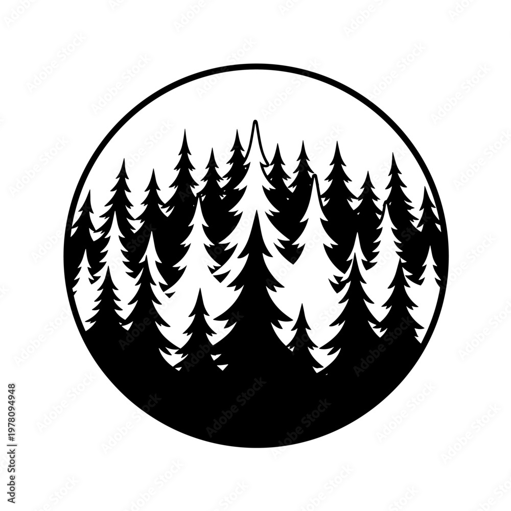 Obraz premium Circular Silhouette of Dense Evergreen Forest Landscape.