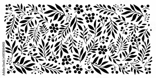 Stylized botanical illustration featuring leaves berries and floral elements