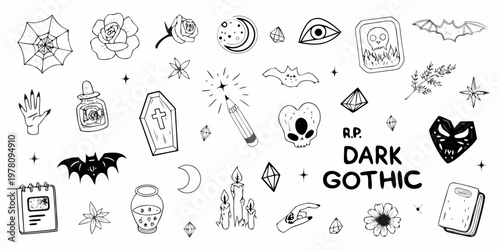 A collection of dark gothic themed hand drawn illustrations