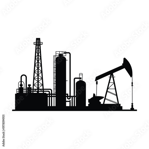 A black silhouette of an oil refinery with a pumpjack