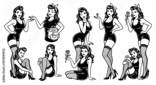 Vintage Pinup Girls Collection Retro Style Illustrations.