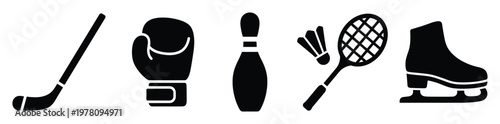 A comprehensive collection of sports equipment icons featuring a hockey stick, boxing glove, bowling pin, badminton racket with shuttlecock, and ice skate, ideal for athletic event