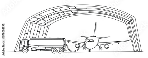 Line art drawing of an airplane receiving fuel from a tanker truck inside an open hangar, illustrating airport operations and aircraft maintenance for industry publications and educational