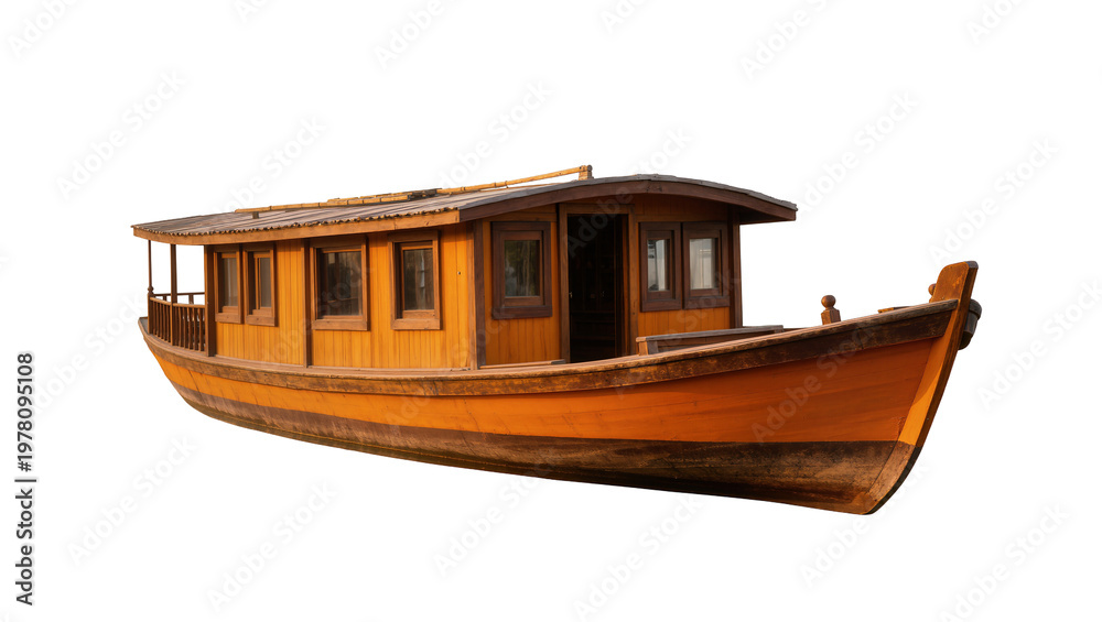 Fototapeta premium Vintage wooden houseboat with multiple windows and balcony