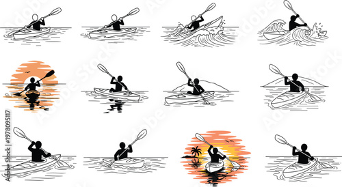 Kayaking Icon Set with Paddle, Water, and Outdoor Adventure Illustrations