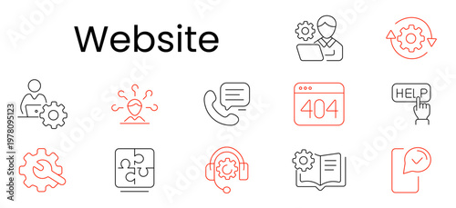 Website set icon. Outline pictograms, developer laptop gear, process arrows gear, operator laptop gear, virus user, phone support, error 404 page, help button, settings wrench, puzzle piece