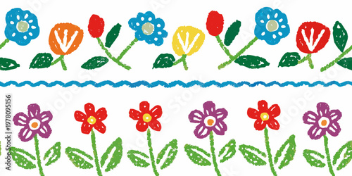 Colorful crayon style flowers and wavy lines form a repeating border