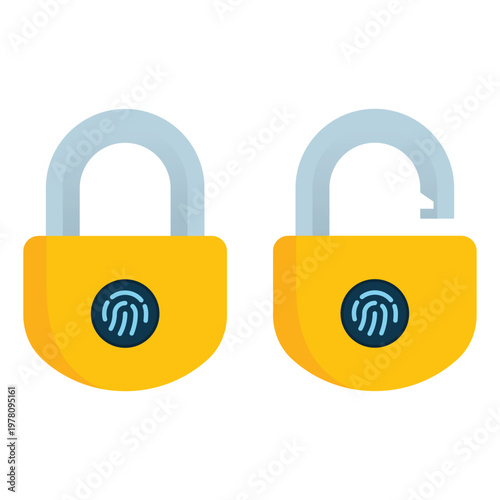 Rounded biometric fingerprint padlock icon set for mobile application security design.