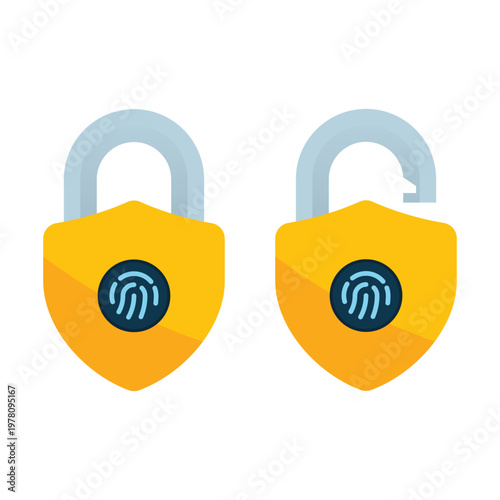 Shield shaped biometric fingerprint padlock icon for cybersecurity and antivirus concepts.