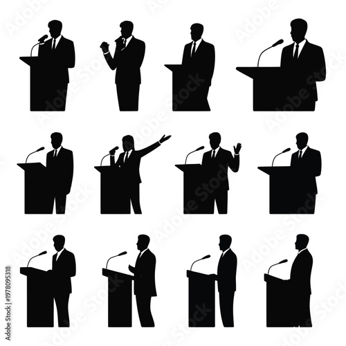 A collection of silhouetted businessmen giving speeches at podiums